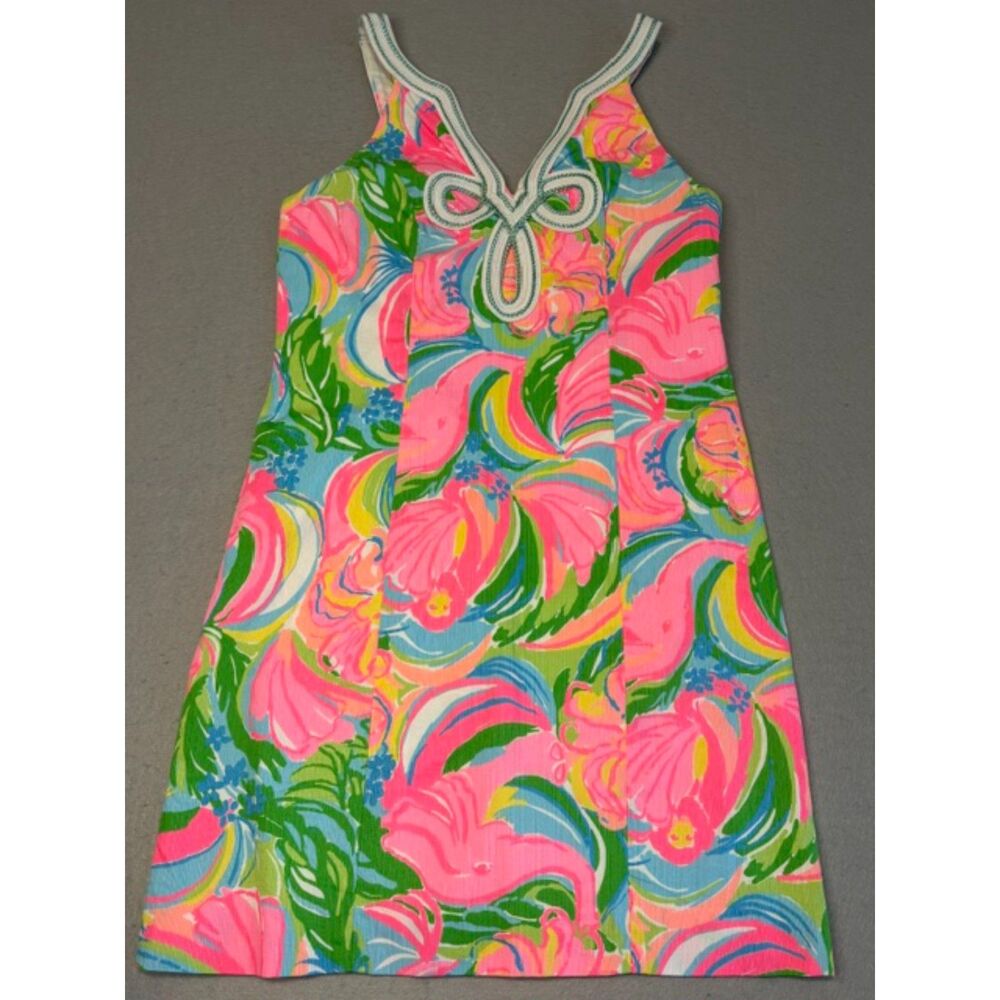 Lilly Pulitzer Tessa Shift Dress 2 White Embroidered Trim Neckline Lined Mint